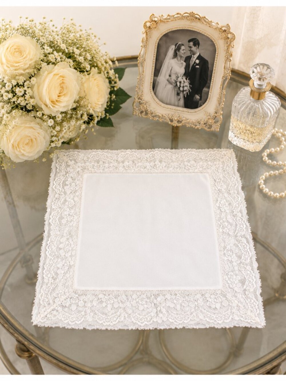 Vintage Bridal Handkerchief White Floral Lace Trim 12" Square Wedding Hanky
